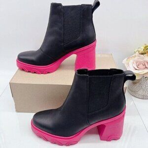 Sorel Brex Waterproof Platform Heel Chelsea Boot Bootie Black/Cactus Pink US 8